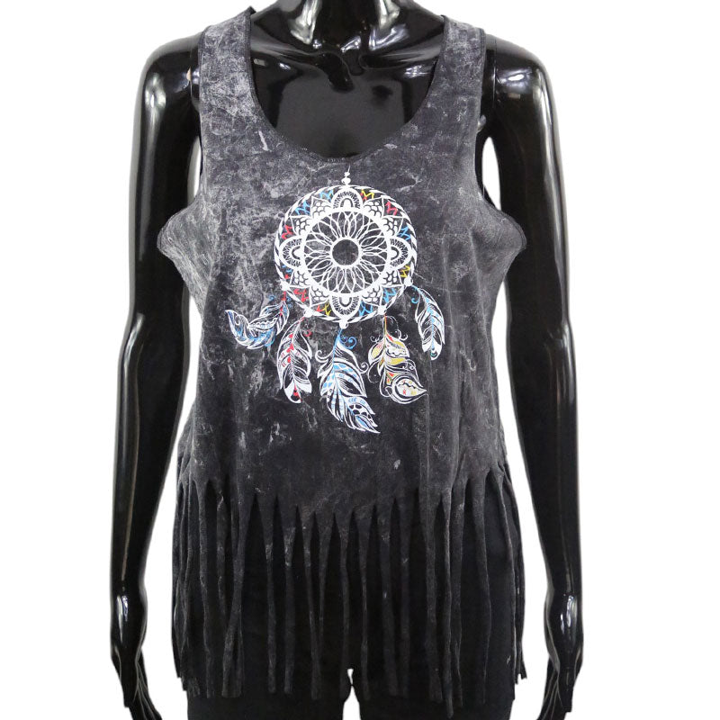 Boho Damen-Top – Schwarz mit Traumfänger & Fransen