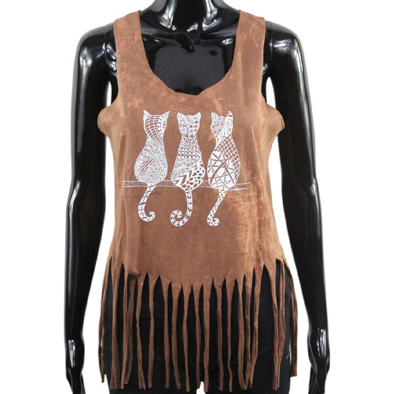 Damen Boho Fransen-Top – Braun mit weißen Katzen
