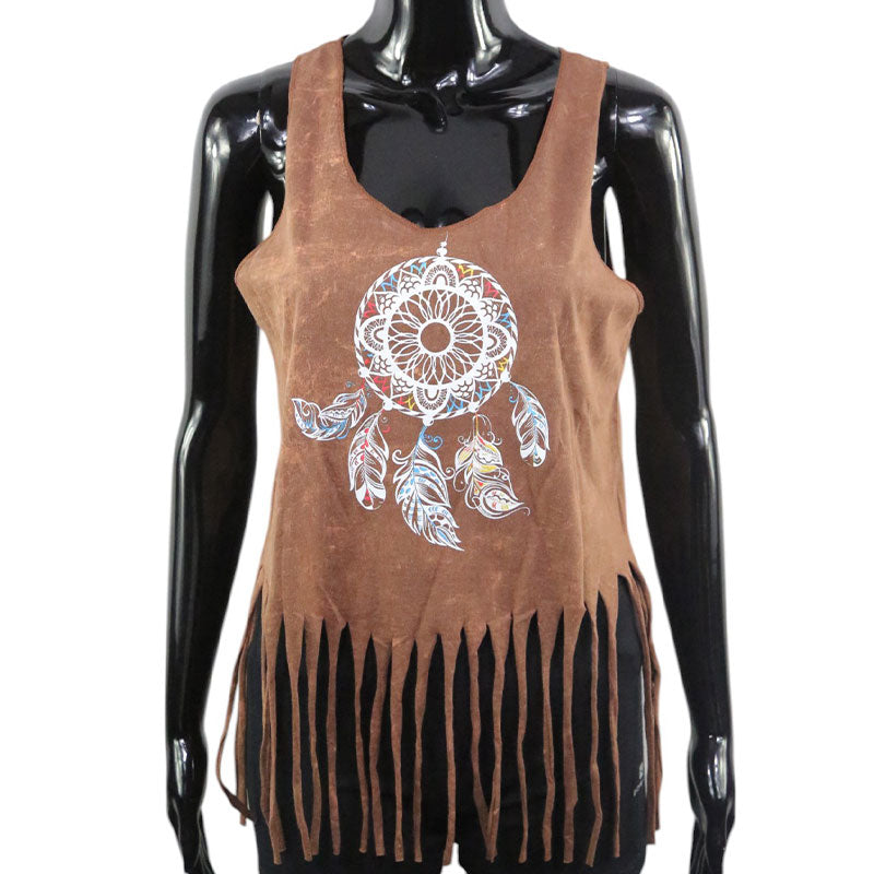 Boho Damen-Top – Braun mit Traumfänger & Fransen