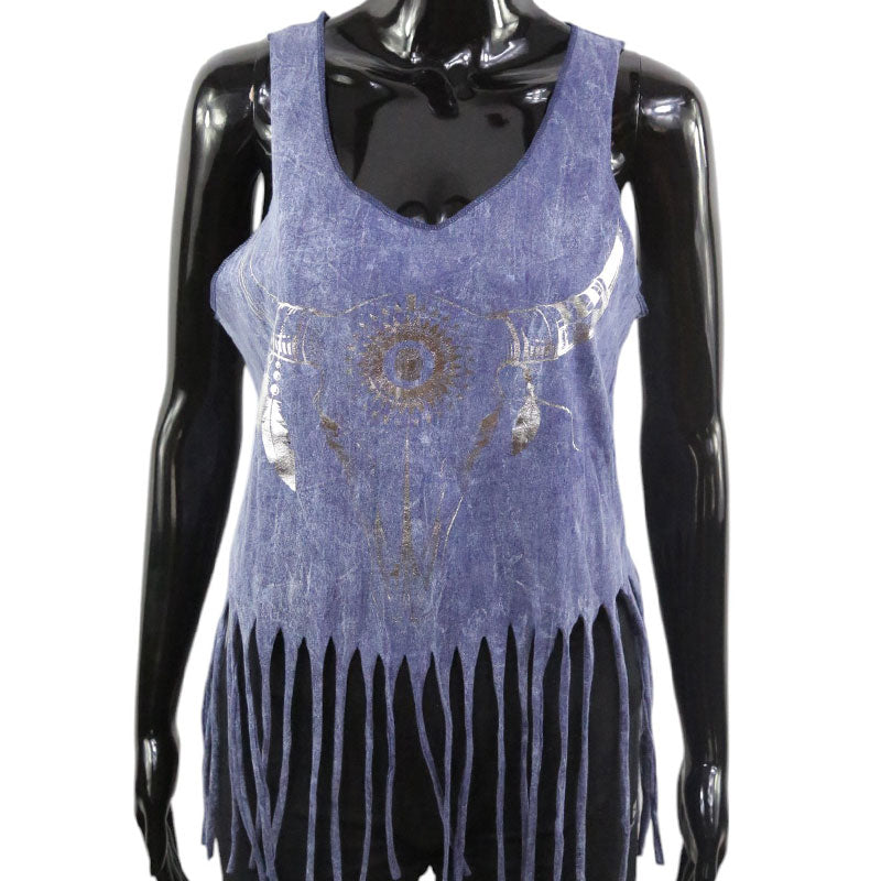 Boho Top mit Büffelschädel – Indigo