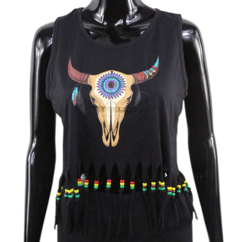 Schwarzes Boho Crop Top mit Stier-Schädel Print und Fransen – Festival Damen Shirt
