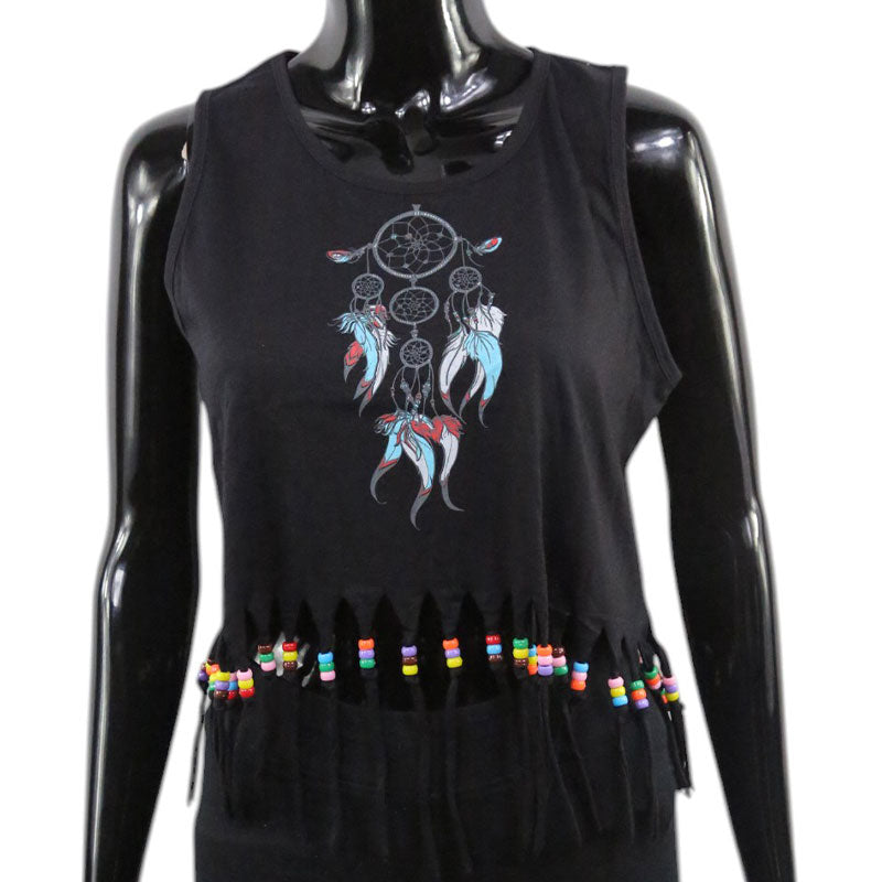Schwarzes Fransen-Crop Top mit Dream Spirit-Print – Festival Tanktop Damen