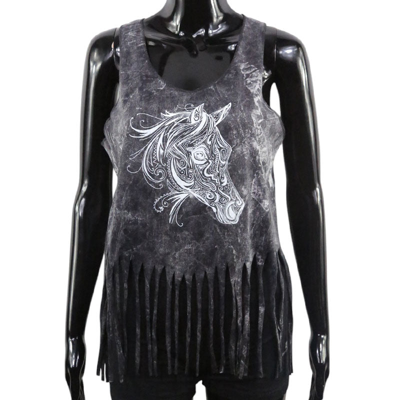 Fransen-Top Schwarz – Tribal Pferdekopf Print