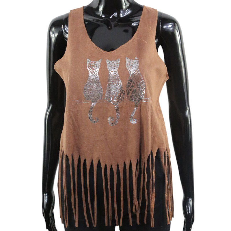 Damen Boho Tank-Top mit Katzenmotiv & Fransen – Braun