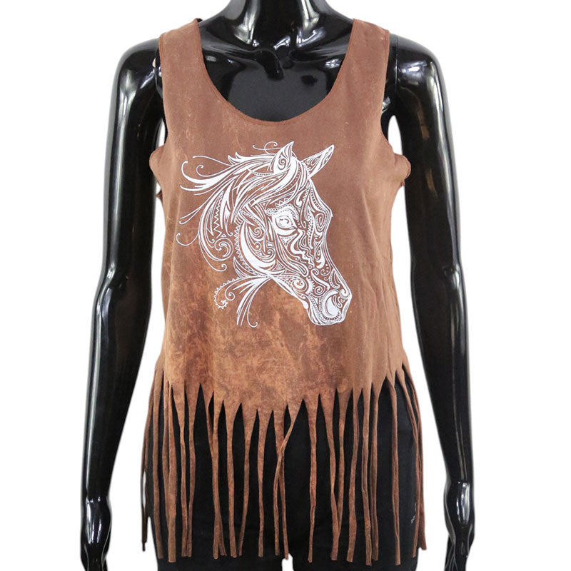 Boho Pferde-Top Braun – Fransen-Shirt mit Ornamentprint