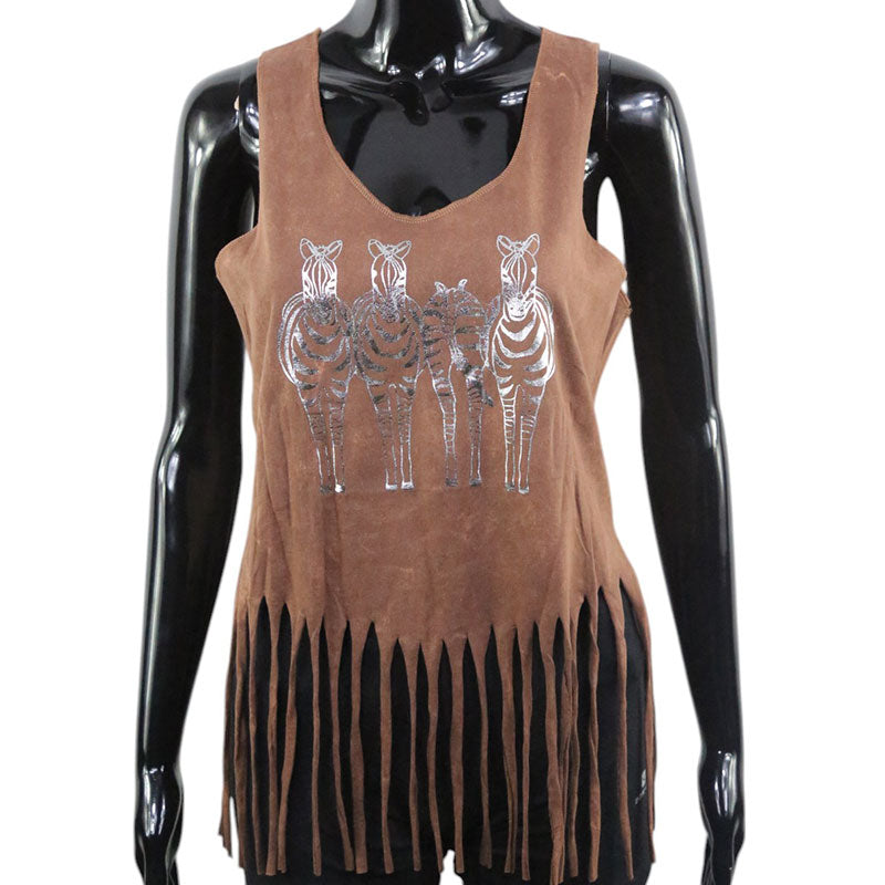 Zebra Tanktop mit Fransen | Braun | Silberprint
