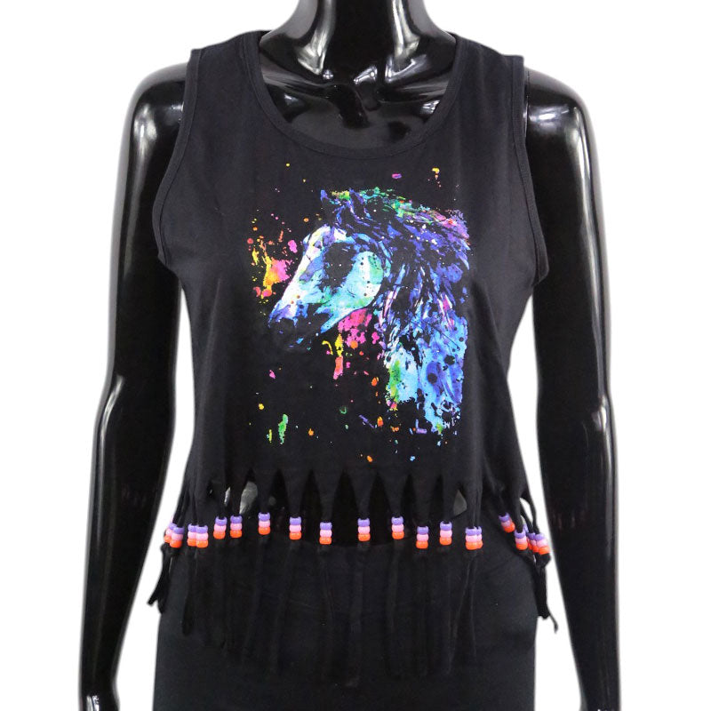 Boho Crop Top Schwarz mit Pferde-Print und Fransen – Festival Outfit für Damen