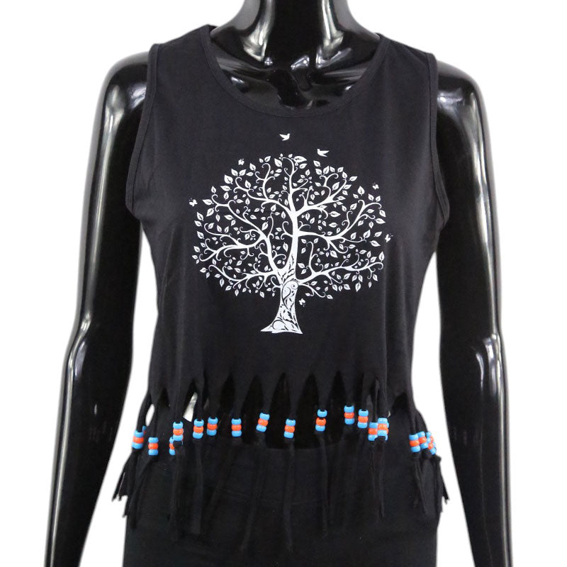 Schwarzes Boho Crop Top mit Lebensbaum-Print und Fransen für Damen
