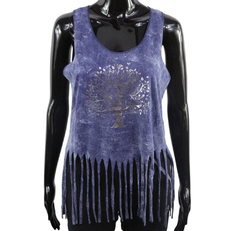 Damen Fransen-Top – Lebensbaum in Silber | Violett-Blau