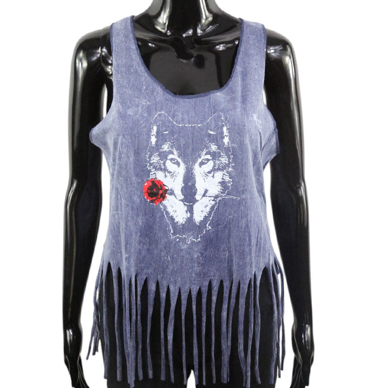 Boho Damen Top mit Wolf & Rose | Fransen-Design in Violettblau
