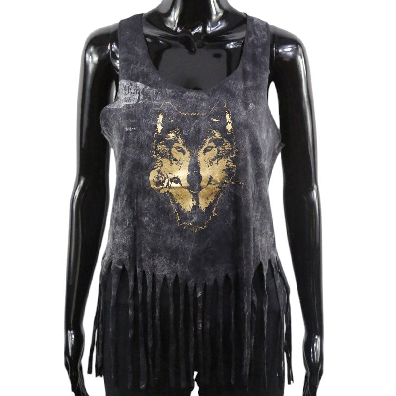 Boho Damen-Top – Schwarzgrau mit Wolf