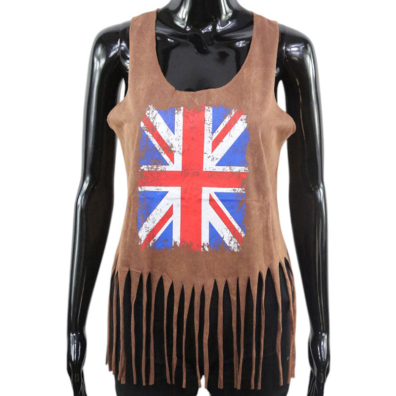 Boho Damen-Top – Braun mit Union Jack & Fransen