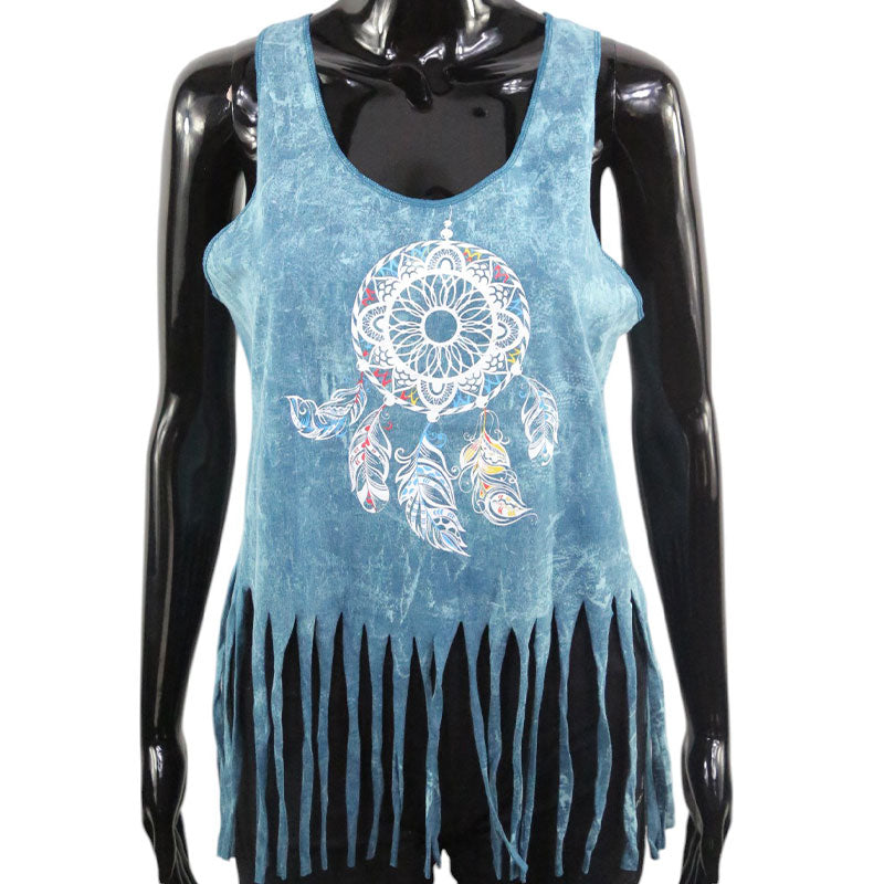 Boho Damen-Top – Türkisblau mit Traumfänger & Fransen
