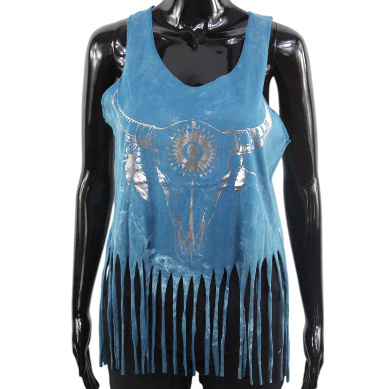 Boho Top mit Büffelschädel – Türkisblau