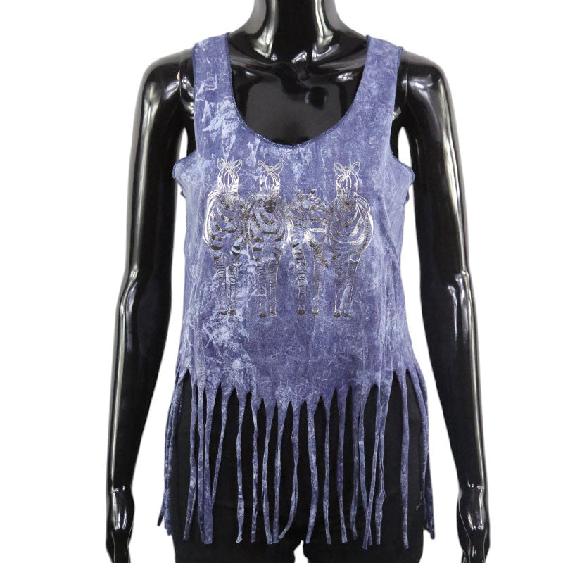 Zebra Top Violettblau | Silberprint | Fransen-Shirt Damen