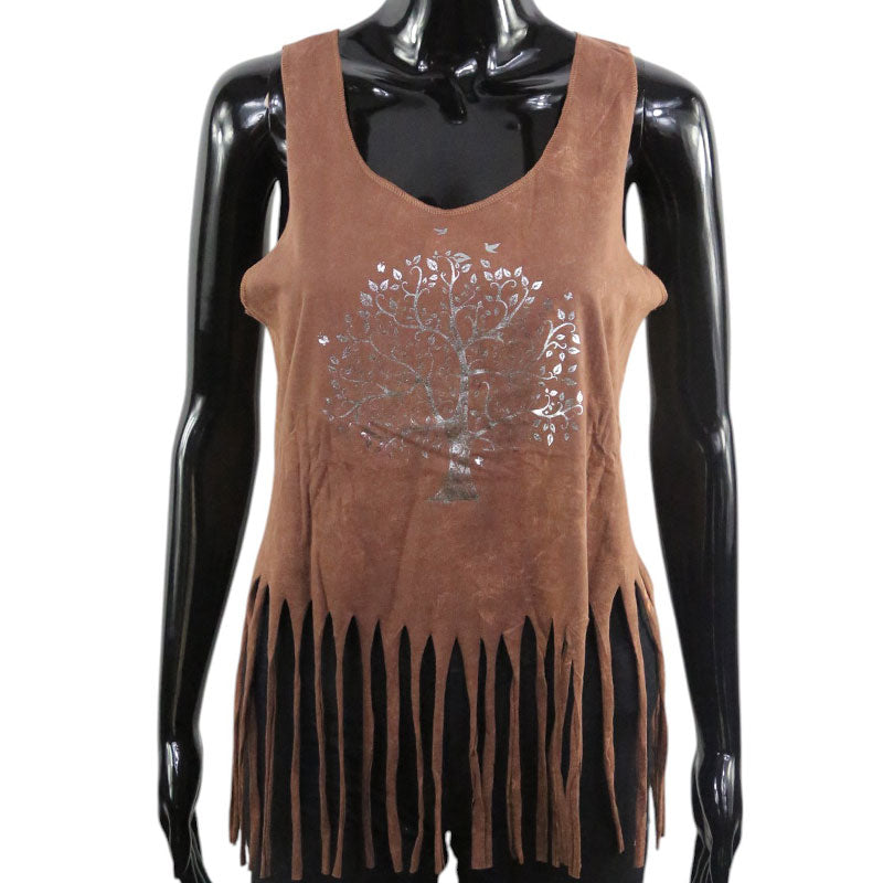 Braunes Boho-Top – Lebensbaum-Motiv & Fransen