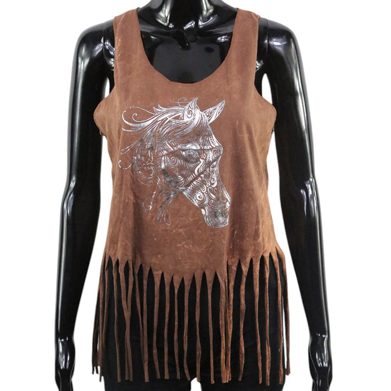 Fransen-Top Braun – Pferdekopf Tribal in Silber