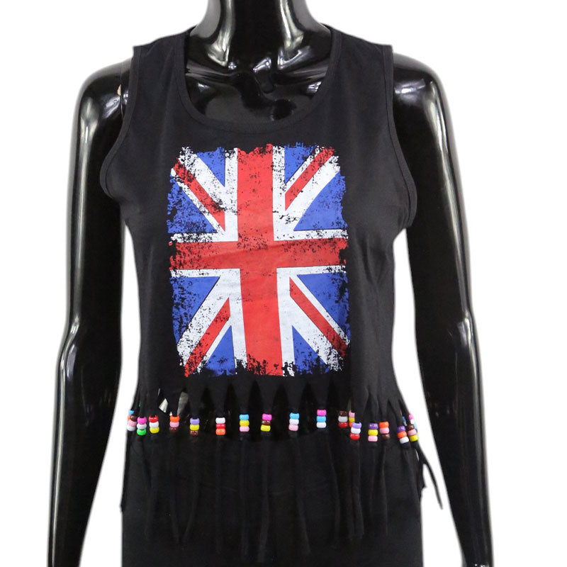 Schwarzes Damen Crop Top mit Union Jack Print und Fransen – Festival Style