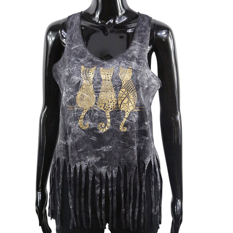 Damen Boho Fransen-Top – Schwarz mit goldenen Katzen