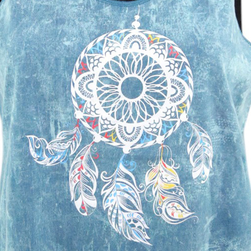 Boho Damen-Top – Türkisblau mit Traumfänger & Fransen