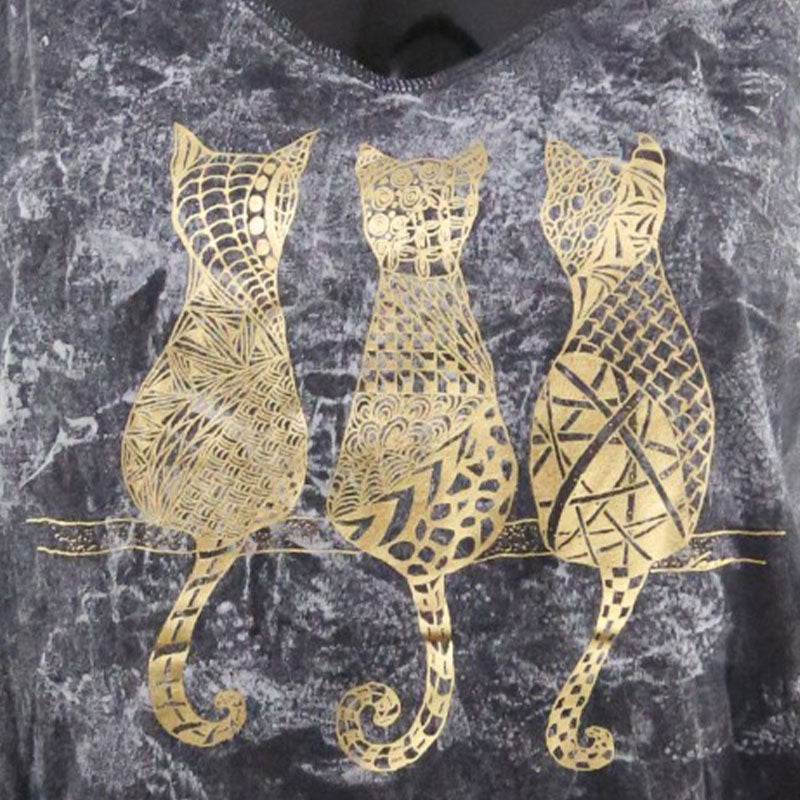 Damen Boho Fransen-Top – Schwarz mit goldenen Katzen