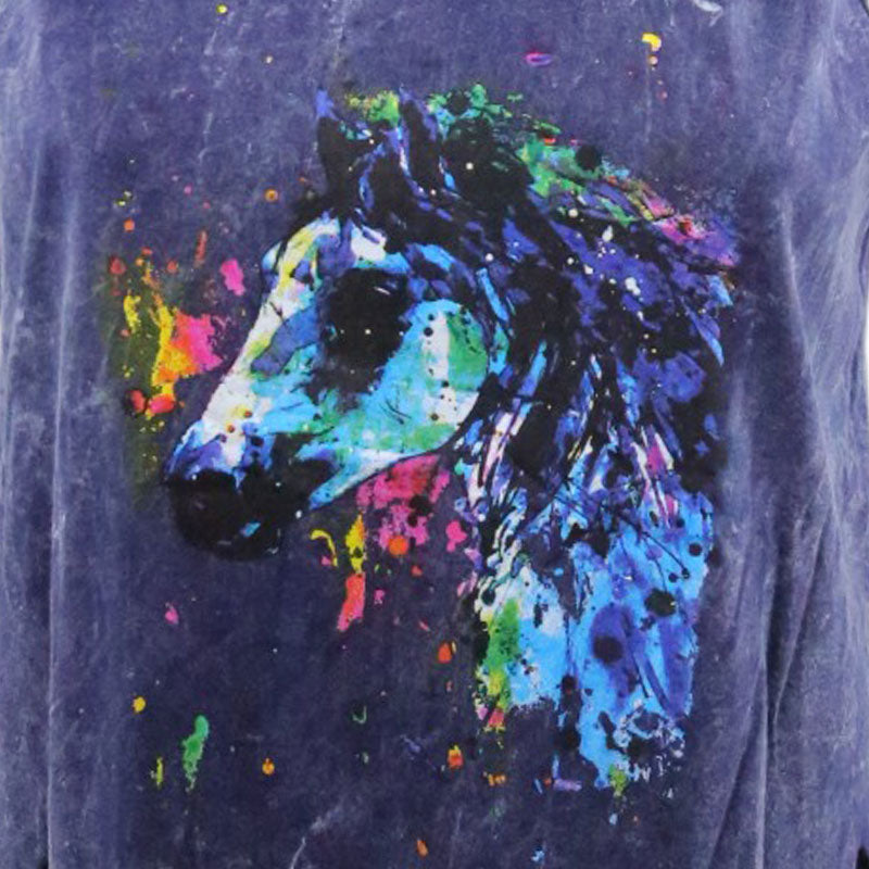 Pferde-Top Indigo – Buntes Aquarell-Design