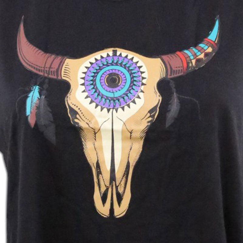 Schwarzes Boho Crop Top mit Stier-Schädel Print und Fransen – Festival Damen Shirt
