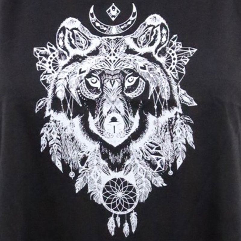 Schwarzes Boho Crop Top mit Wolf-Mond-Print und Fransen – Festival Damen Shirt