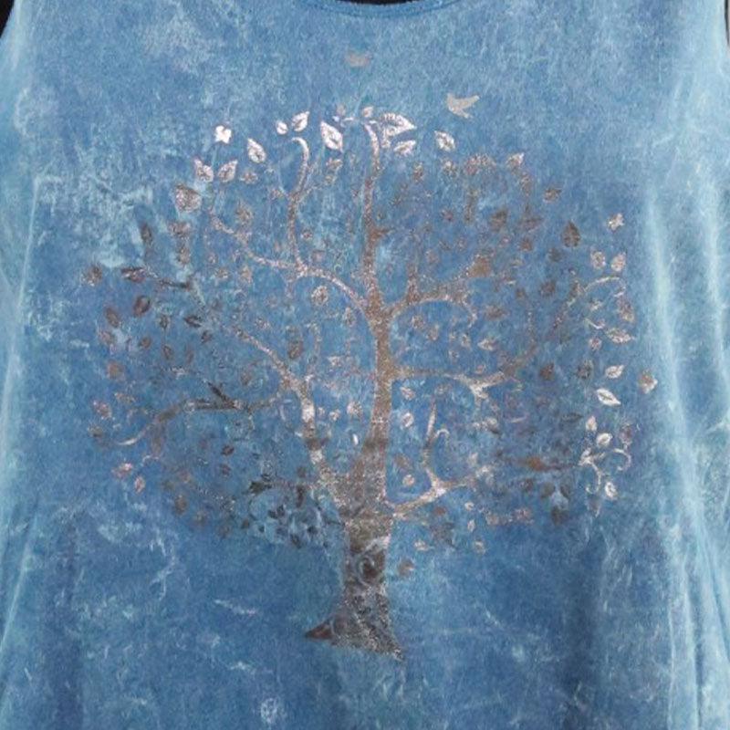 Damen Boho Fransen-Top – Türkisblau mit Lebensbaum in Silber