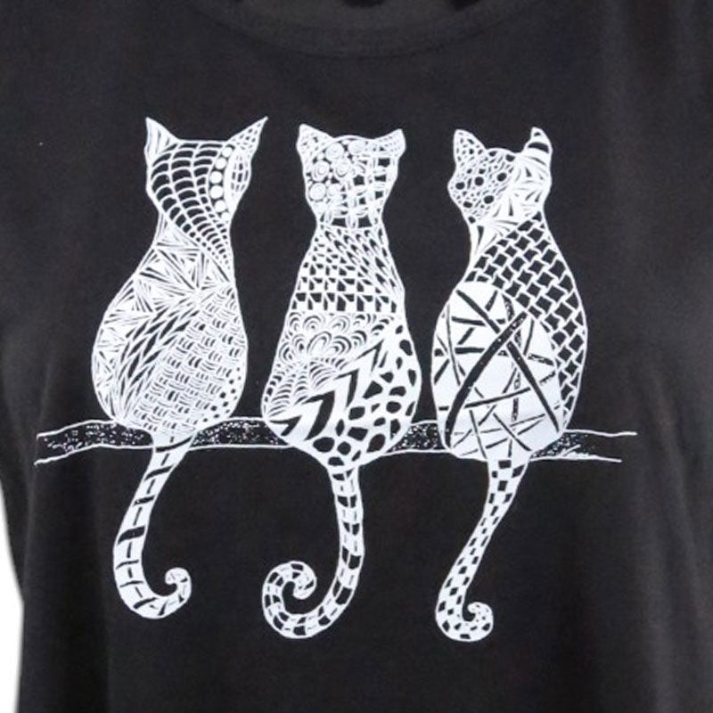 Schwarzes Boho Crop Top mit Katzen-Print und Fransen – Damen Shirt