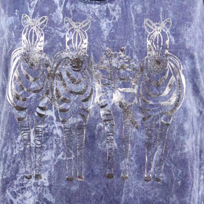 Damen Top 4 Zebras silber auf blau, braun und grün batik