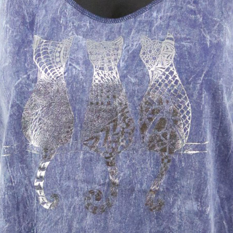 Damen Boho Fransen-Top – Katzenmotiv in Silber | Violett-Blau