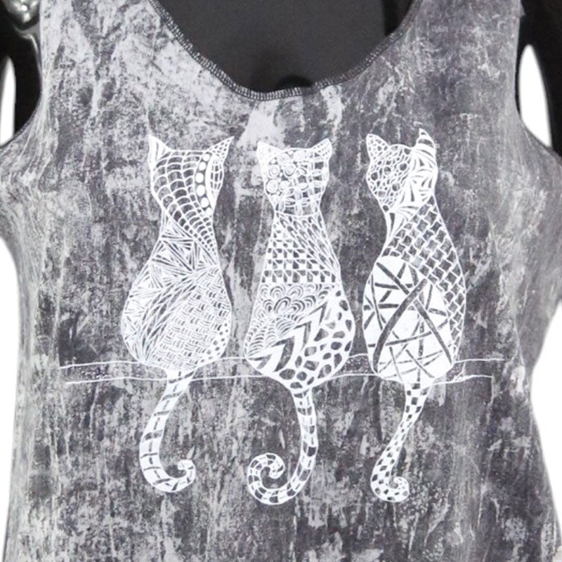 Damen Boho Fransen-Top – Schwarz mit weißen Katzen