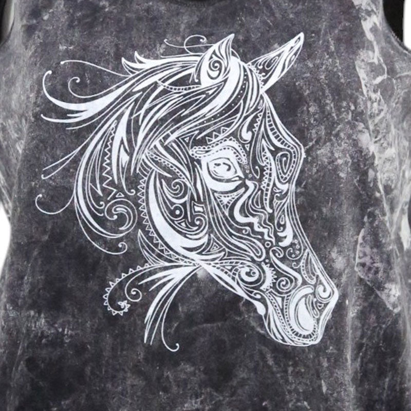 Fransen-Top Schwarz – Tribal Pferdekopf Print