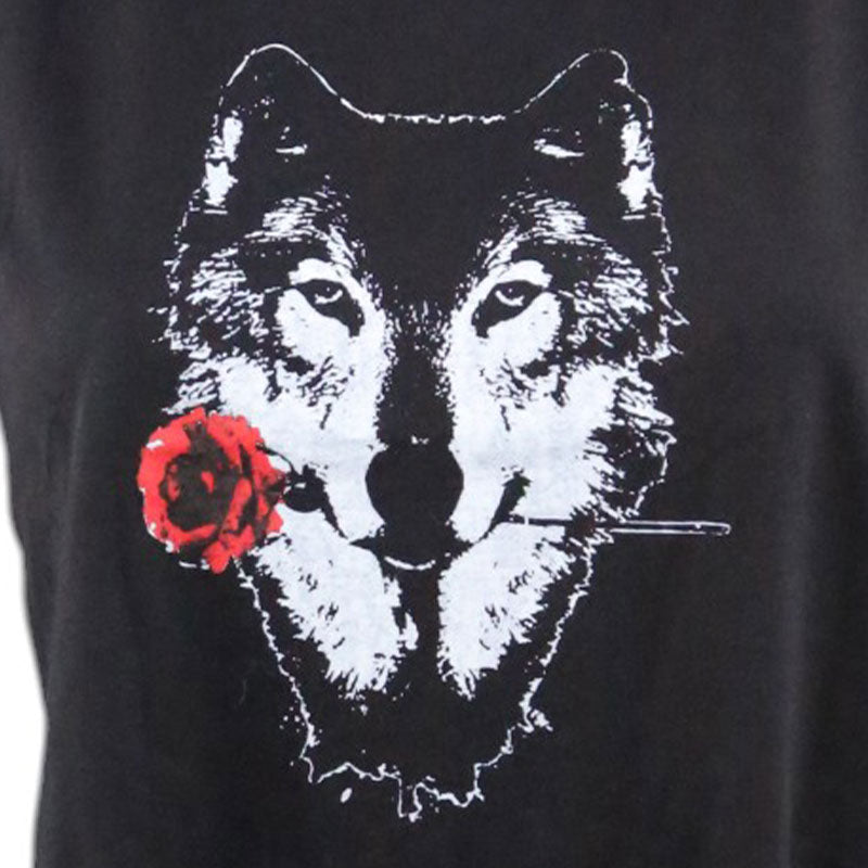 Schwarzes Crop Top mit Wolf-Motiv und Fransen – Boho Festival Shirt