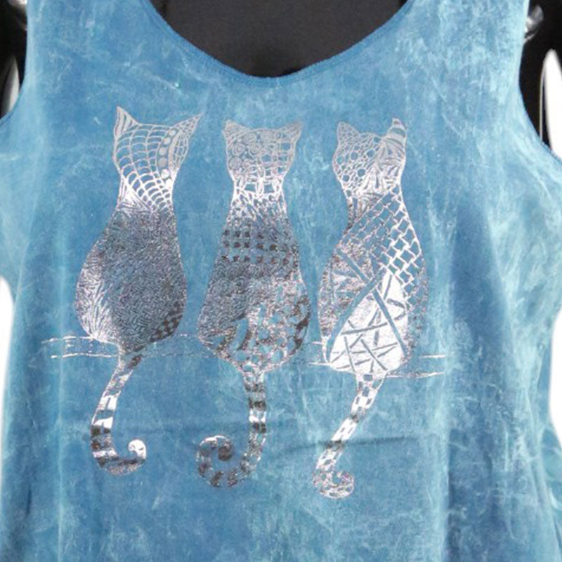 Boho-Top mit Silberkatzen & Fransen | Türkisblau | Damen