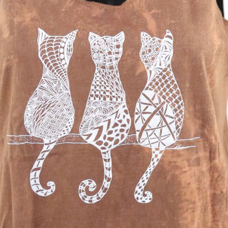 Damen Boho Fransen-Top – Braun mit weißen Katzen