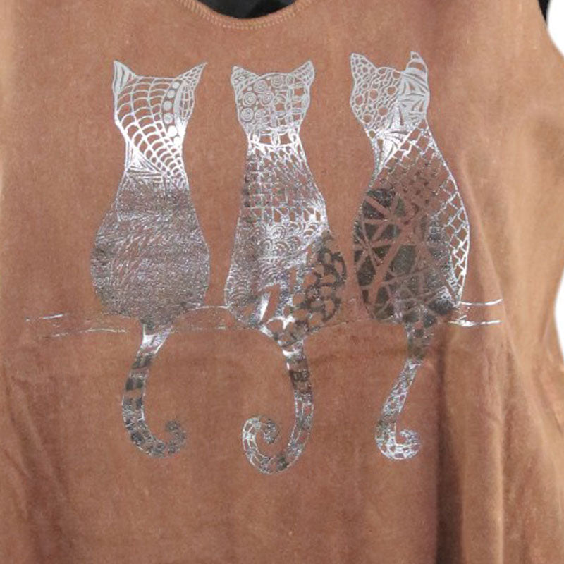 Damen Boho Tank-Top mit Katzenmotiv & Fransen – Braun