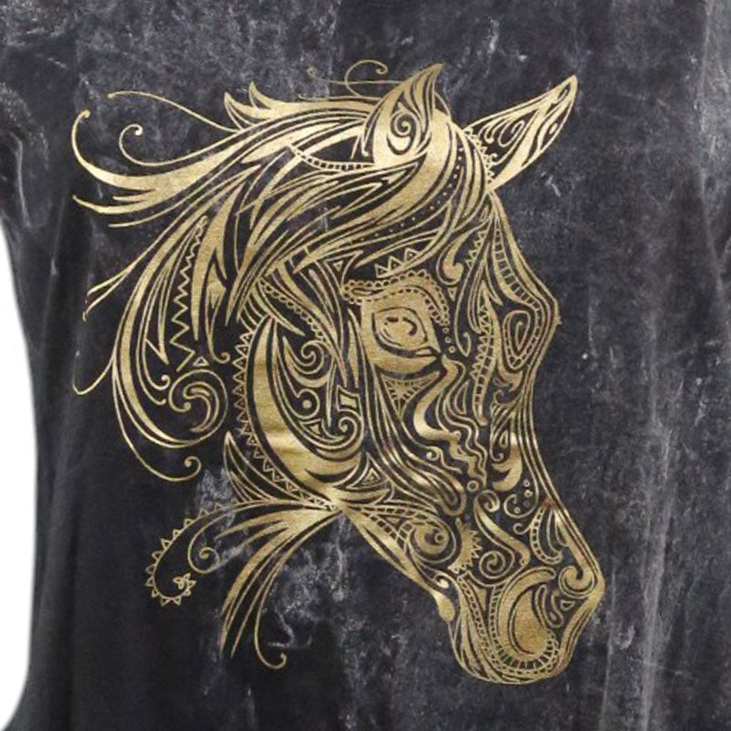 Fransen-Top Schwarz – Goldenes Pferdekopf-Design