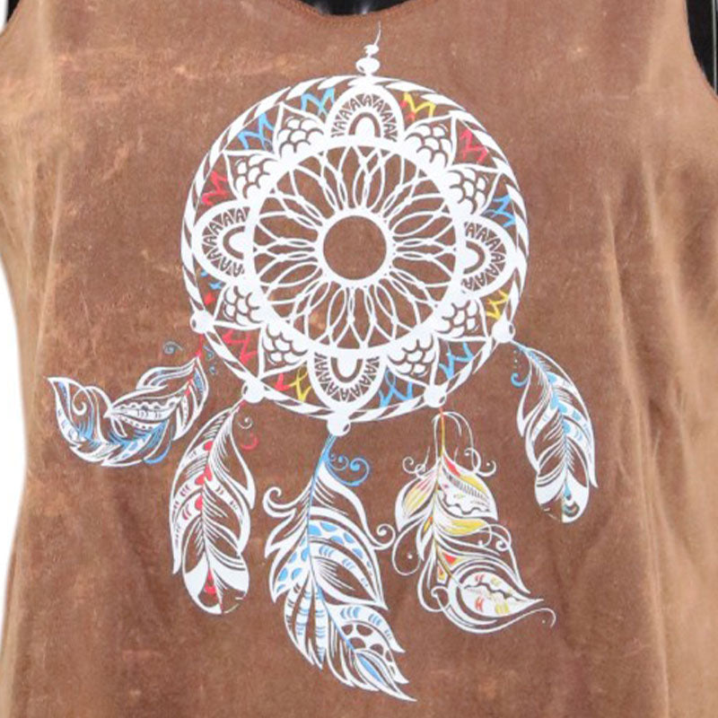 Boho Damen-Top – Braun mit Traumfänger & Fransen