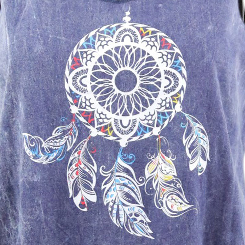 Boho Damen-Top – Violettblau mit Traumfänger & Fransen