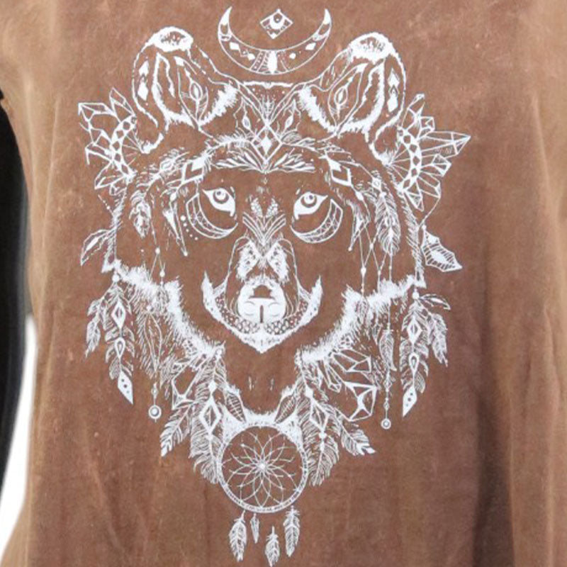 Fransen-Top Braun – Weißer Wolf-Mandala
