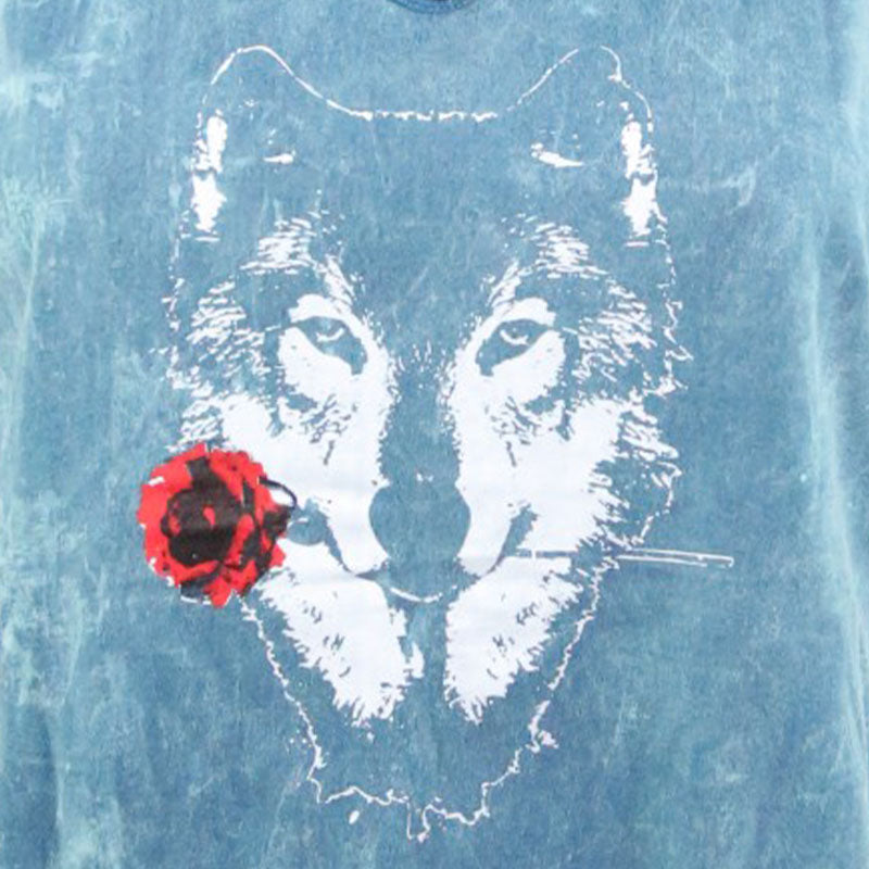 Boho Damen Top Türkisblau | Wolf mit Rose & Fransen-Look
