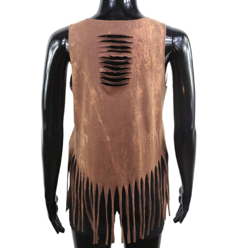 Boho Damen-Top – Braun mit Union Jack & Fransen