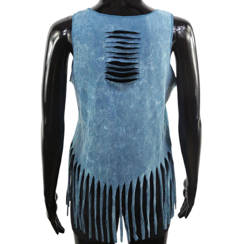 Damen Boho Fransen-Top – Türkisblau mit Lebensbaum in Silber