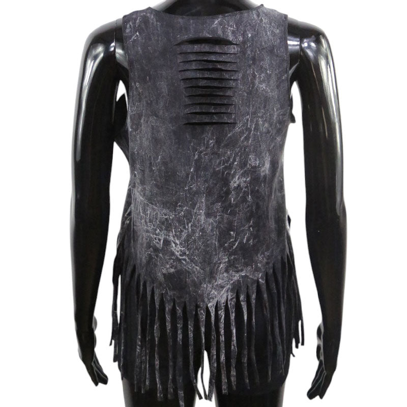 Damen Boho Fransen-Top – Schwarz mit weißen Katzen