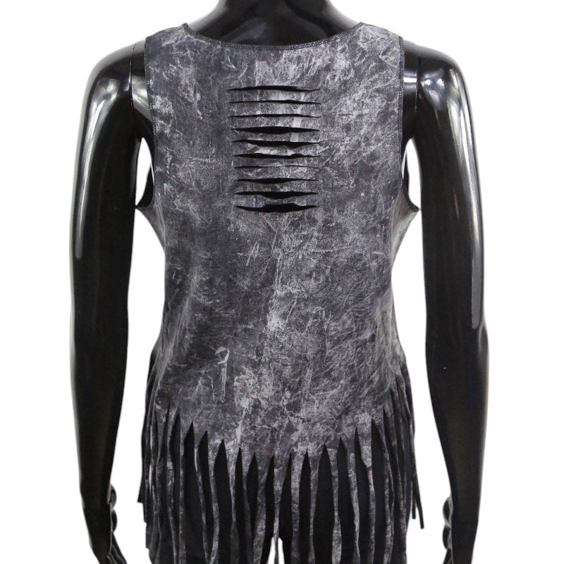 Damen Boho Fransen-Top – Schwarz mit goldenen Katzen