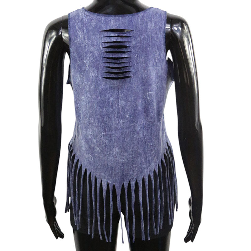 Damen Boho Fransen-Top – Katzenmotiv in Silber | Violett-Blau