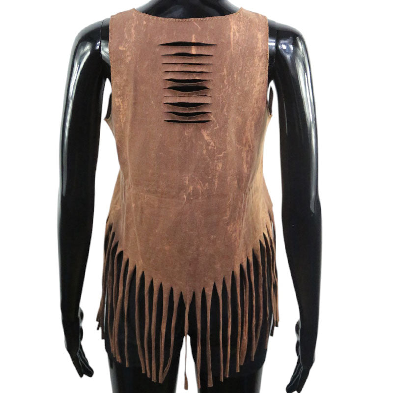 Damen Boho Tank-Top mit Katzenmotiv & Fransen – Braun