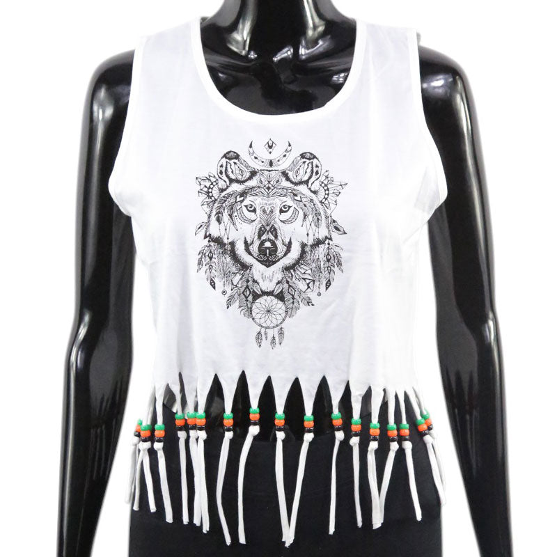 Boho Crop Top mit Wolf-Print, Traumfänger & Fransen – Festival Damen Tanktop